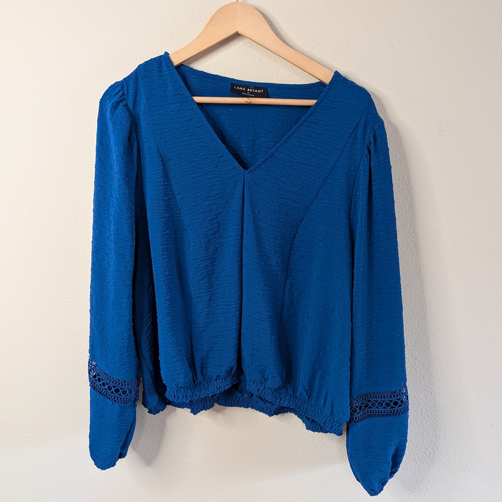 Lane Bryant Blue Swiss Dot Blouse Size 20 V-Neck Long Sleeve